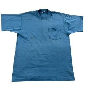Vtg 90s BVD Pocket T Shirt L Blue Men Blank Basic Made in USA Cotton Tee Plain